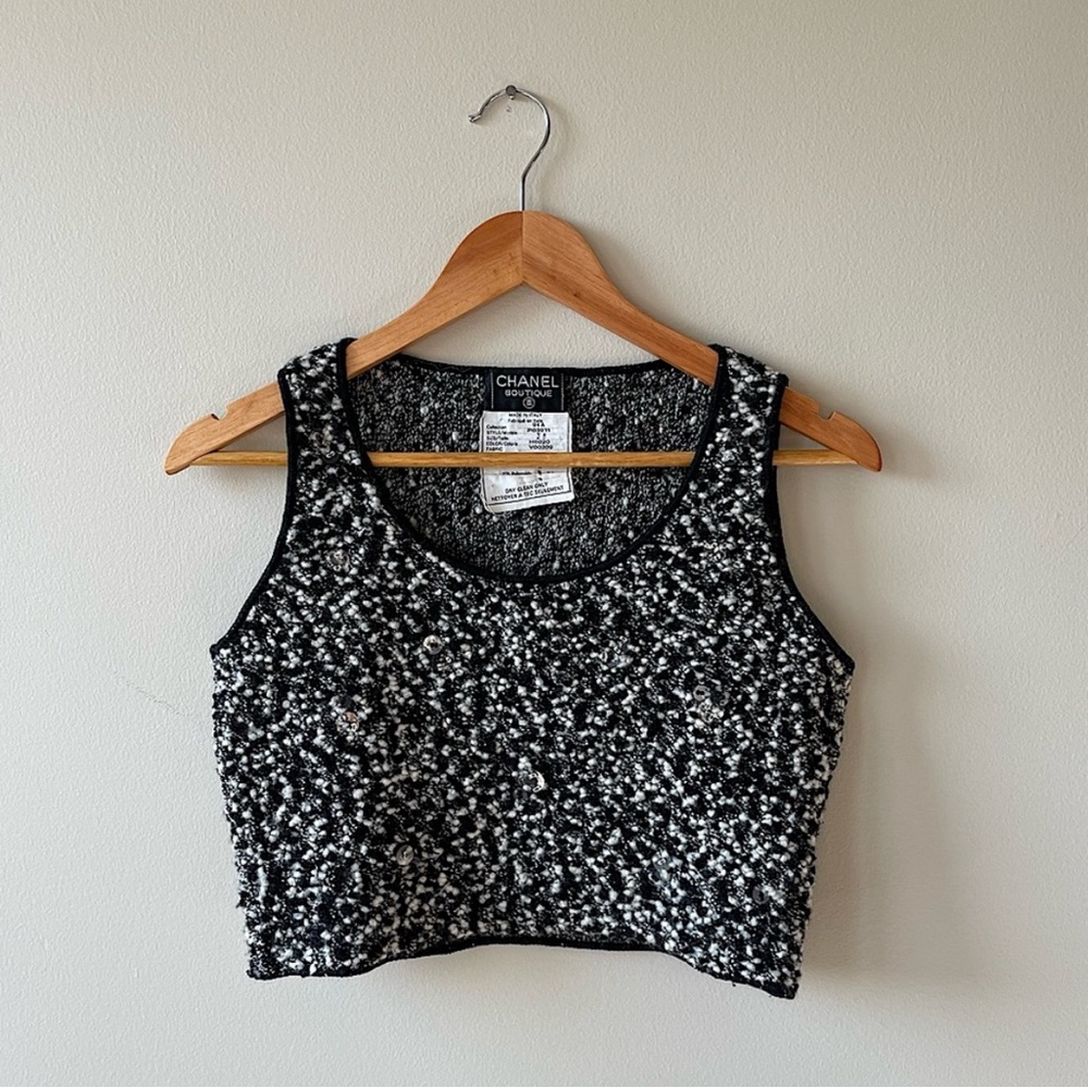 CHANEL Black and White Bouclé Crop Tank Top